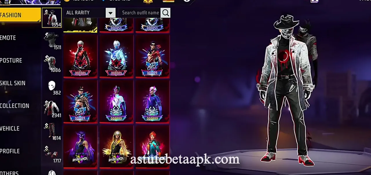 Free Fire fashion vault showing rare outfits and bundle collection
